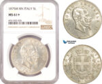 AE660, Italy, Vitt. Emaunele II, 5 Lire 1875-M BN, Milan, Silver, NGC MS61+
