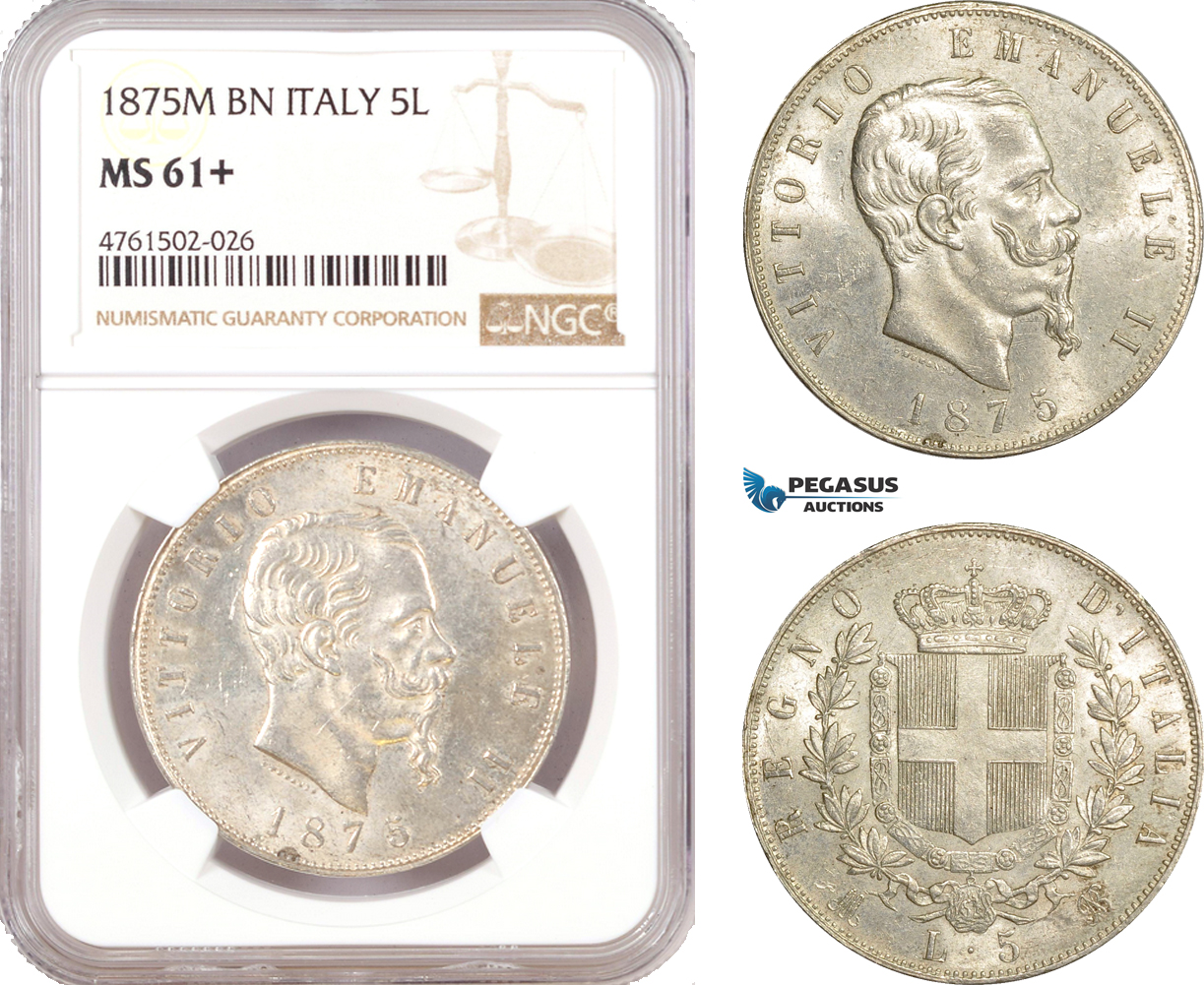 AE660, Italy, Vitt. Emaunele II, 5 Lire 1875-M BN, Milan, Silver, NGC MS61+
