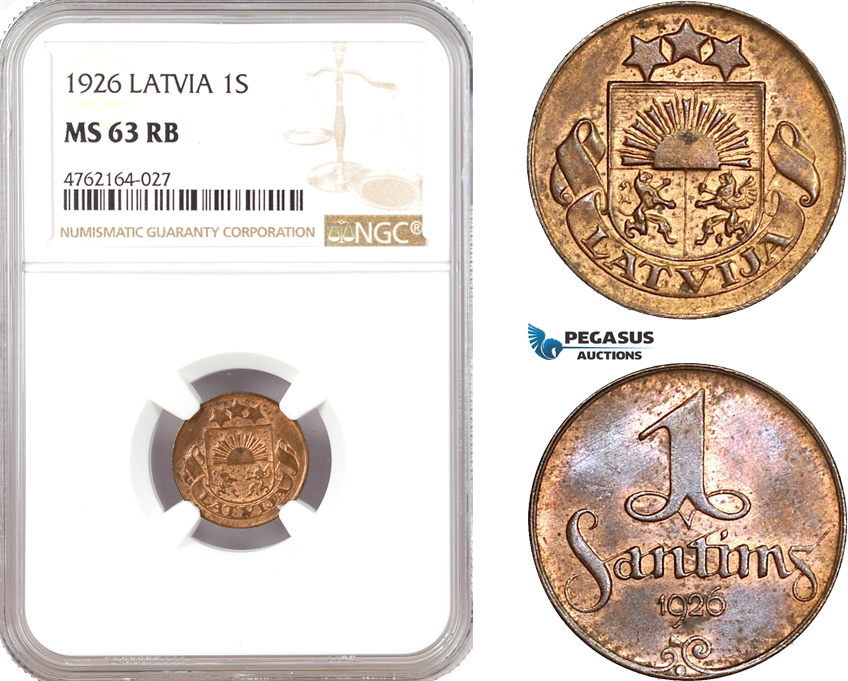 AE664. Latvia, 1 Santims 1926, NGC MS63RB