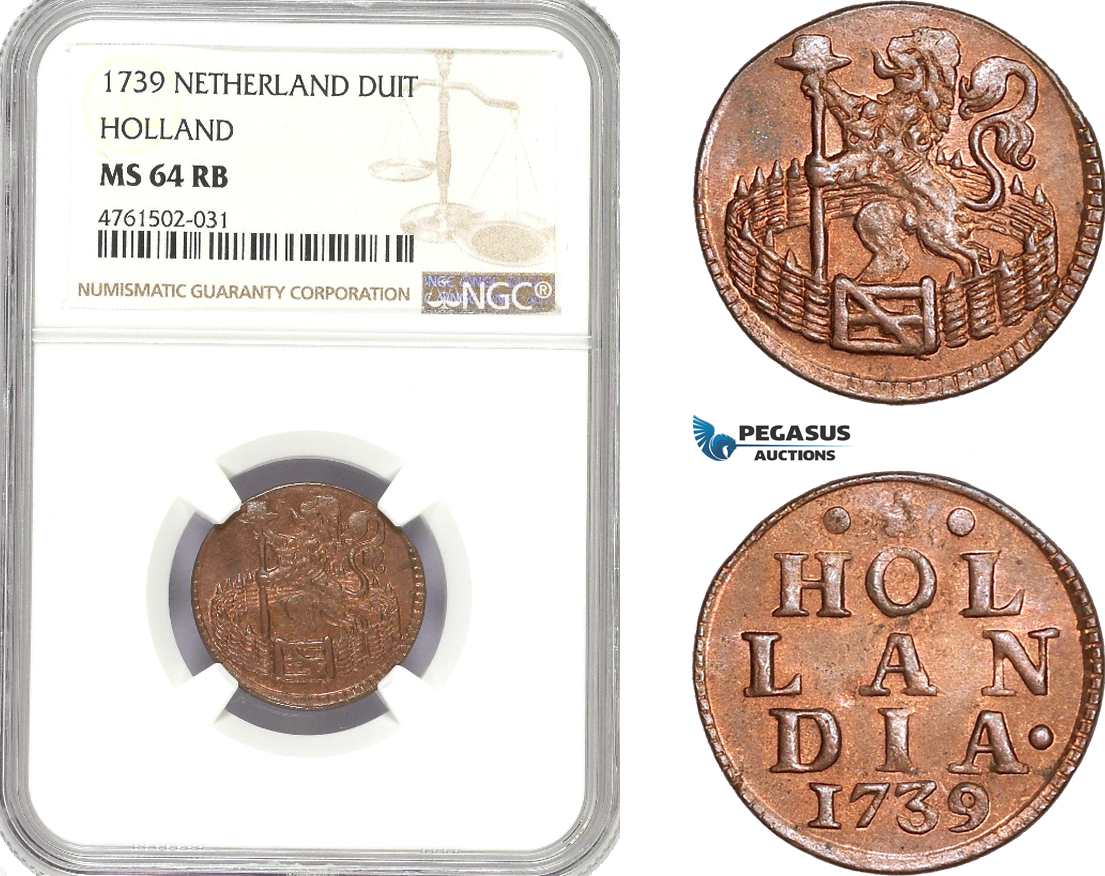 AE668, Netherlands, Holland, 1 Duit 1739, NGC MS64RB