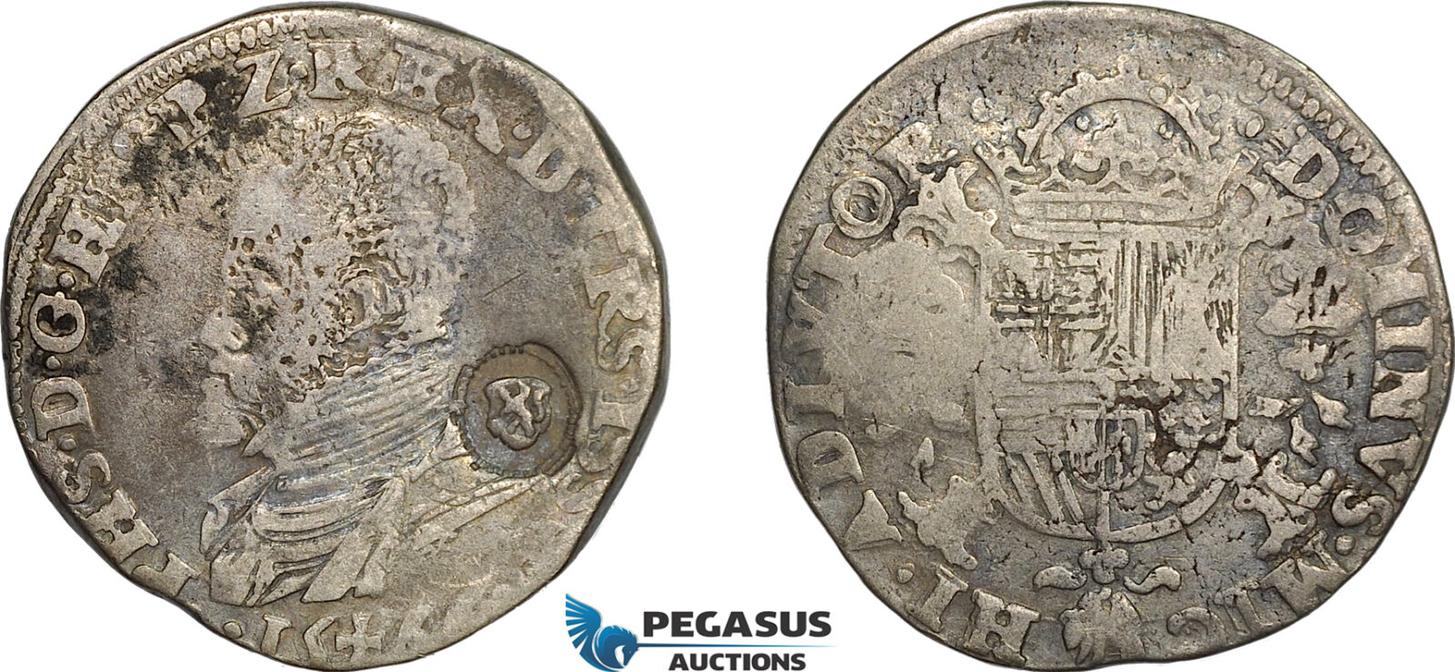 AE704, Spanish Netherlands, Overijssel, Philip II, Philipsdaalder (1/2 Ecu Philip) 1566, Silver (16.51g) Lion countermarked for Flanders, Del. 81, F-VF