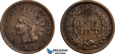 AE773, United States, Indian Head Cent 1864, Philadelphia,  "L" on ribbon, aXF