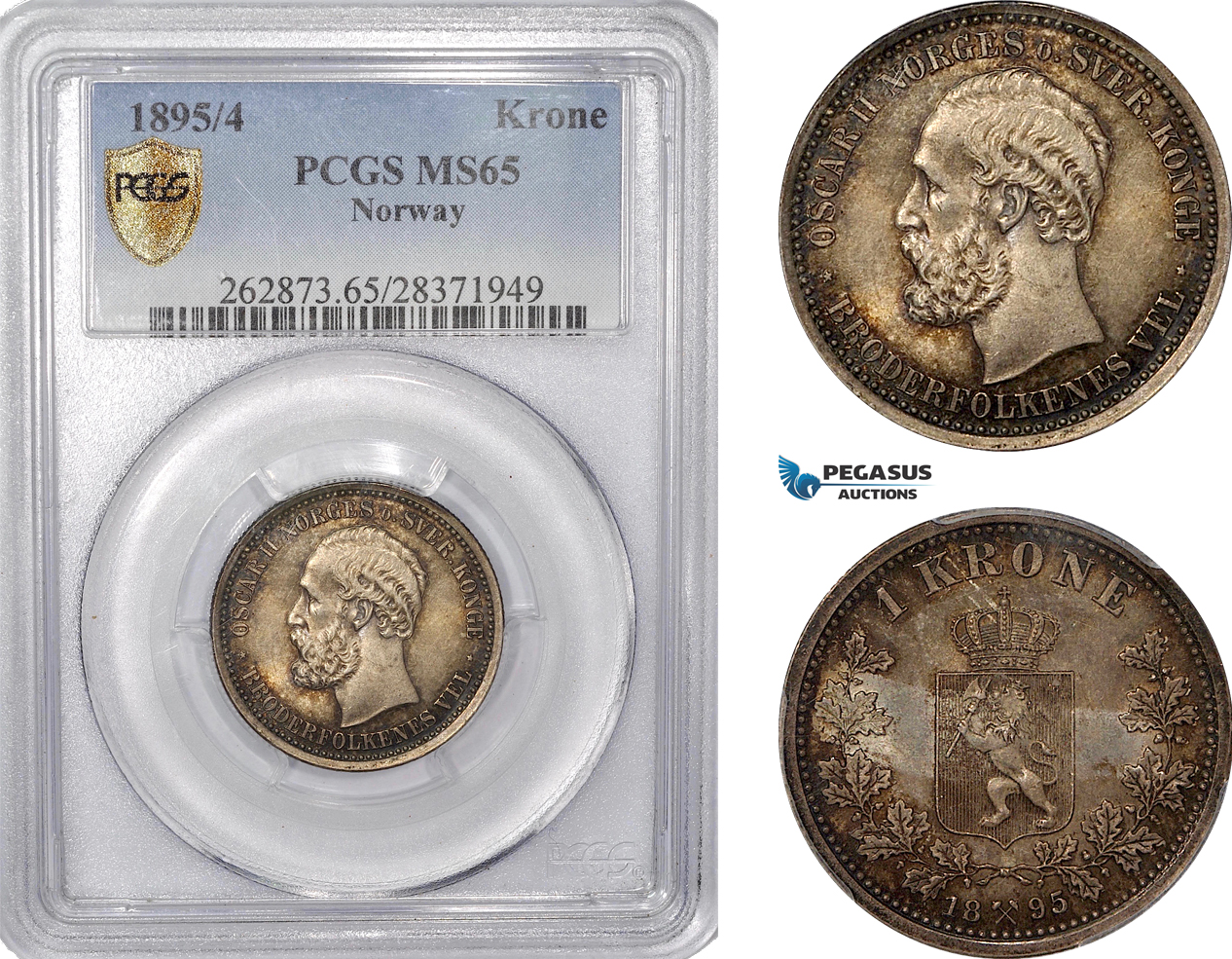 AE790, Norway, Oscar II, 1 Krone 1895/4, Kongsberg, Silver, PCGS MS65, Pop 1/0
