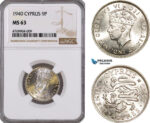 AE829, Cyprus, George VI, 9 Piastres 1940, London, Silver, NGC MS63