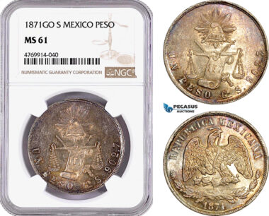 AE866, Mexico, 1 Peso 1871 Go S, Guanajuato, Silver, NGC MS61