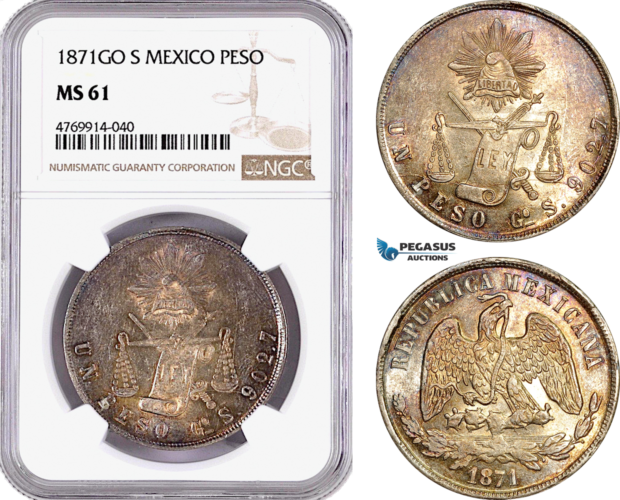 AE866, Mexico, 1 Peso 1871 Go S, Guanajuato, Silver, NGC MS61