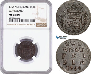 AE869, Netherlands, Westfriesland, Duit 1754, NGC MS65BN, Pop 2/0