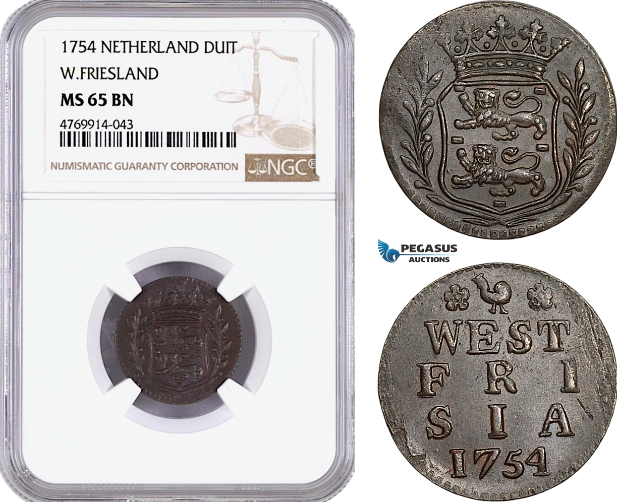 AE869, Netherlands, Westfriesland, Duit 1754, NGC MS65BN, Pop 2/0