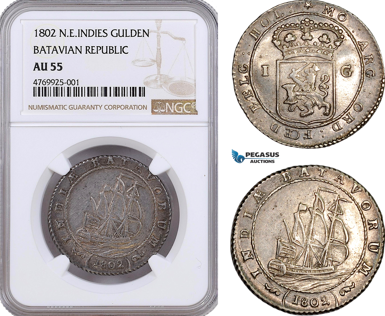 AE876, Netherlands East Indies, Batavian Rep. Gulden 1802, Silver, NGC AU55