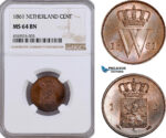 AE878, Netherlands, Willem III, 1 Cent 1861, Utrecht, NGC MS64BN, Pop 1/0