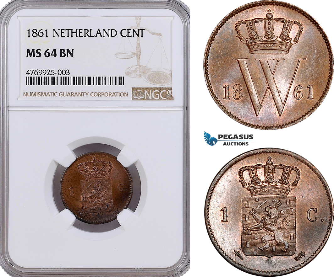AE878, Netherlands, Willem III, 1 Cent 1861, Utrecht, NGC MS64BN, Pop 1/0