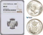 AE889, Portugal, Emanuel II, 100 Reis 1910, Silver, NGC MS65
