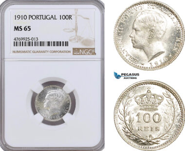 AE889, Portugal, Emanuel II, 100 Reis 1910, Silver, NGC MS65