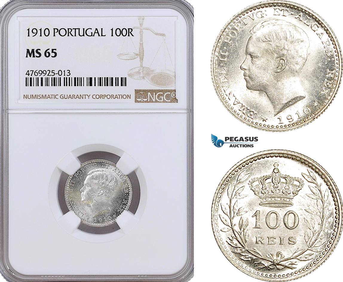 AE889, Portugal, Emanuel II, 100 Reis 1910, Silver, NGC MS65