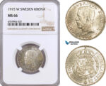AE911, Sweden, Gustaf V, Krona 1915, Stockholm, Silver, NGC MS66, Pop 1/0