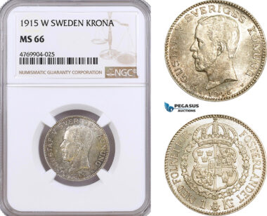 AE911, Sweden, Gustaf V, Krona 1915, Stockholm, Silver, NGC MS66, Pop 1/0