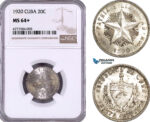 AE948, Cuba, 20 Centavos 1920, Philadelphia, Silver, NGC MS64+