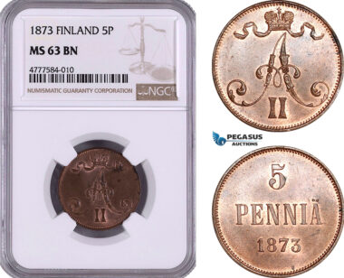 AE953, Finland, Alexander II, 5 Penniä 1873, NGC MS63BN