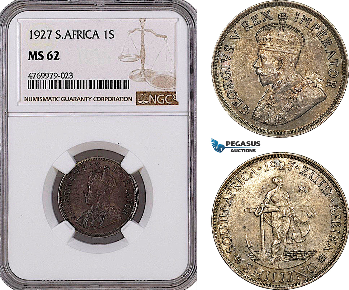 AE977, South Africa, George V, 1 Shilling 1927, Pretoria, Silver, NGC MS62, Rare!