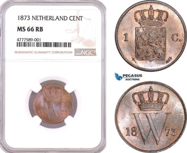 AF123, Netherlands, Willem III, 1 Cent 1873, Utrecht, NGC MS66RB, Pop 1/0