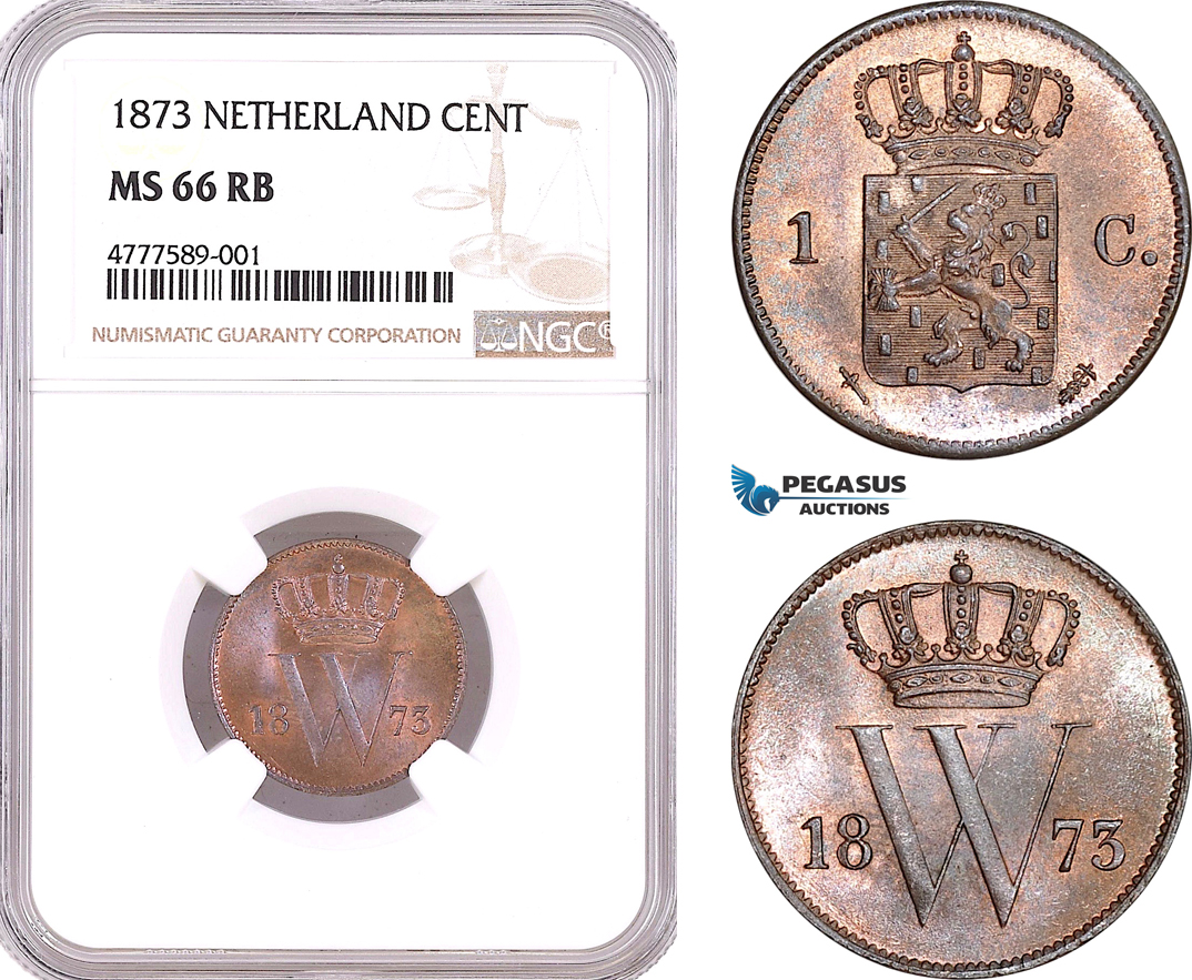 AF123, Netherlands, Willem III, 1 Cent 1873, Utrecht, NGC MS66RB, Pop 1/0