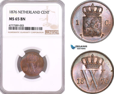 AF125, Netherlands, Willem III, 1 Cent 1876, Utrecht, NGC MS65BN, Pop 1/0