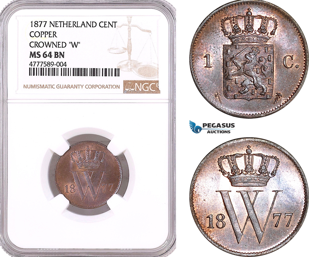AF126, Netherlands, Willem III, 1 Cent 1877, Utrecht, NGC MS64BN