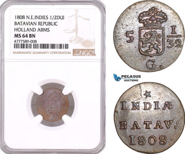 AF130, Netherlands East Indies, Batavian Rep. 1/2 Duit 1808, Holland Arms, NGC MS64BN