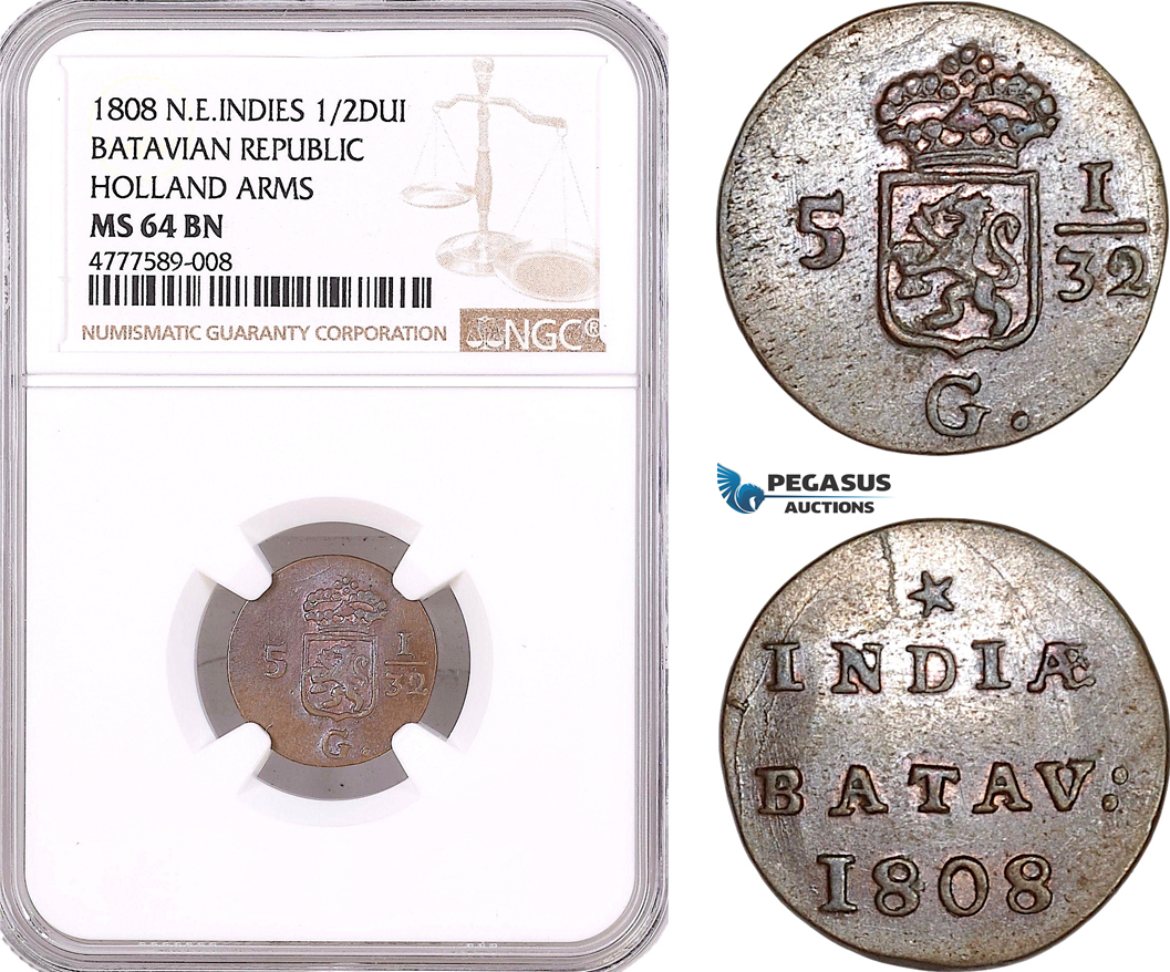 AF130, Netherlands East Indies, Batavian Rep. 1/2 Duit 1808, Holland Arms, NGC MS64BN