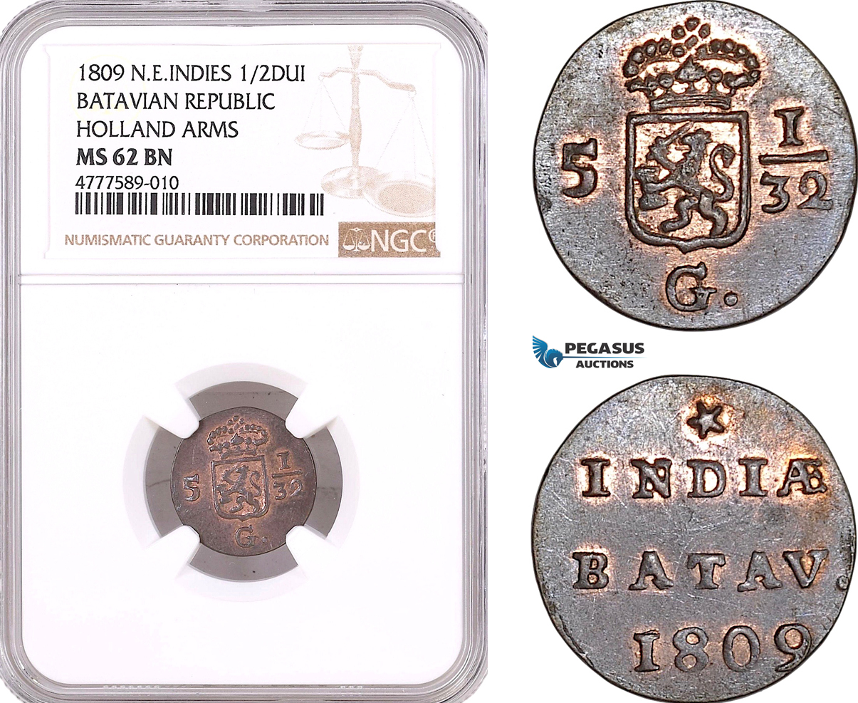 AF132, Netherlands East Indies, Batavian Rep. 1/2 Duit 1809, Holland Arms, NGC MS62BN