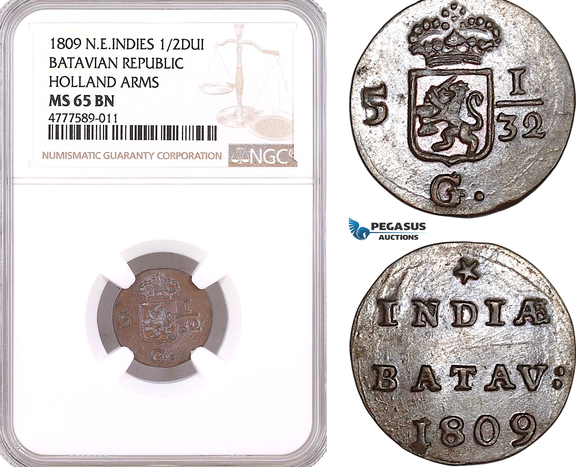 AF133, Netherlands East Indies, Batavian Rep. 1/2 Duit 1809, Holland Arms, NGC MS65BN