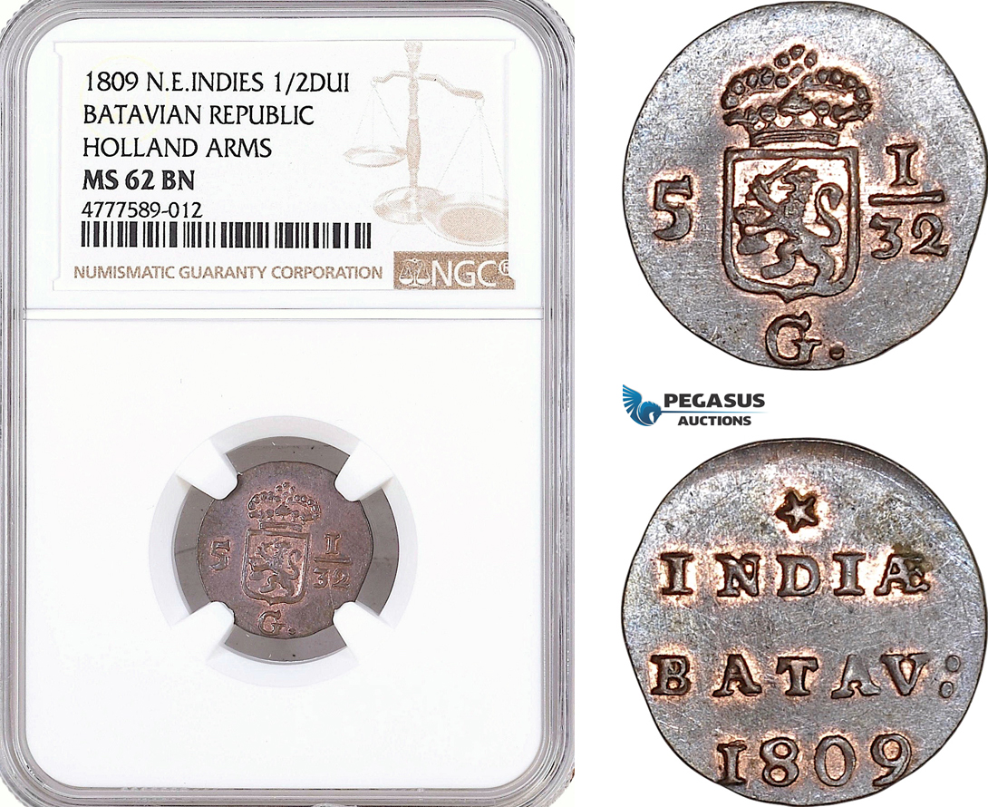 AF134, Netherlands East Indies, Batavian Rep. 1/2 Duit 1809, Holland Arms, NGC MS62BN