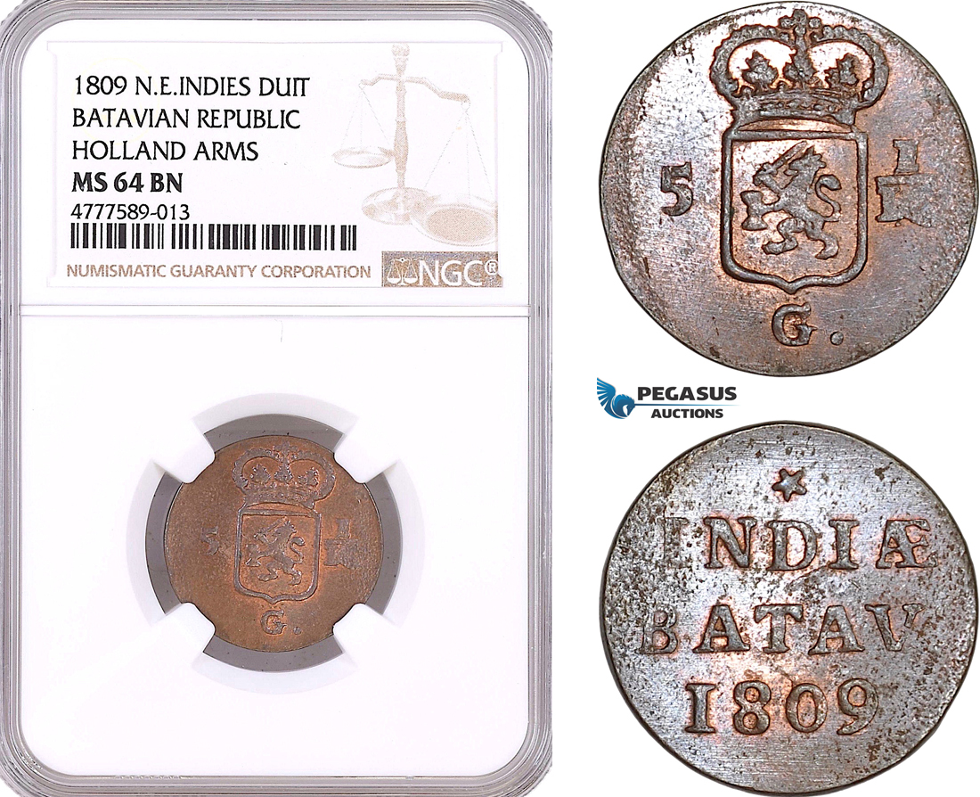 AF135, Netherlands East Indies, Batavian Rep. 1 Duit 1809, Holland Arms, NGC MS64BN