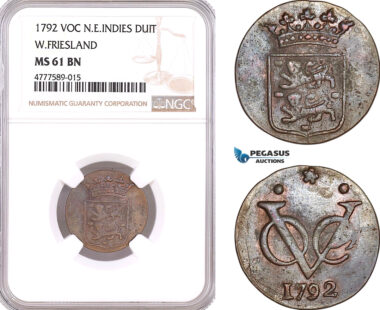 AF137, Netherlands East Indies, VOC, 1 Duit 1792, West Friesland Arms, NGC MS61BN