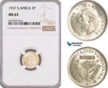 AF146, South Africa, Union, George VI, Threepence 1937, Pretoria, Silver, NGC MS63