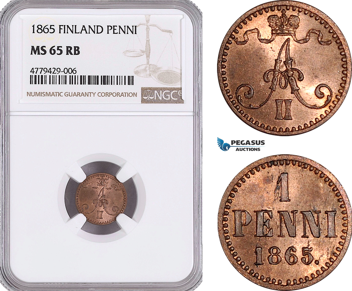 AF174, Finland, Alexander II. of Russia, 1 Penni 1865, NGC MS65RB, Pop 3/1