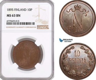 AF180, Finland, Nicholas II. of Russia, 10 Penniä 1895, NGC MS63BN