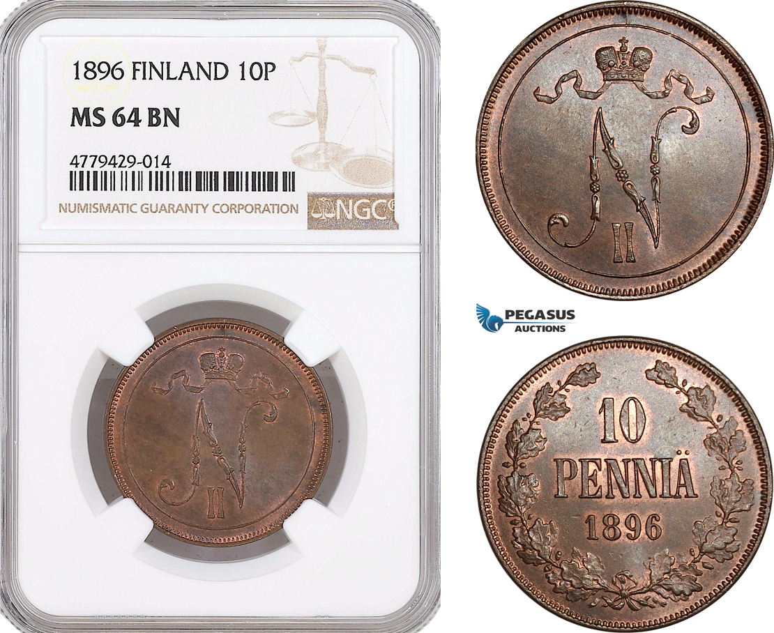 AF181, Finland, Nicholas II. of Russia, 10 Penniä 1896, NGC MS64BN