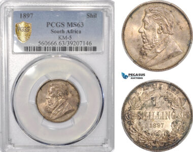 AF205, South Africa (ZAR) 1 Shilling 1897, Pretoria, Silver, PCGS MS63
