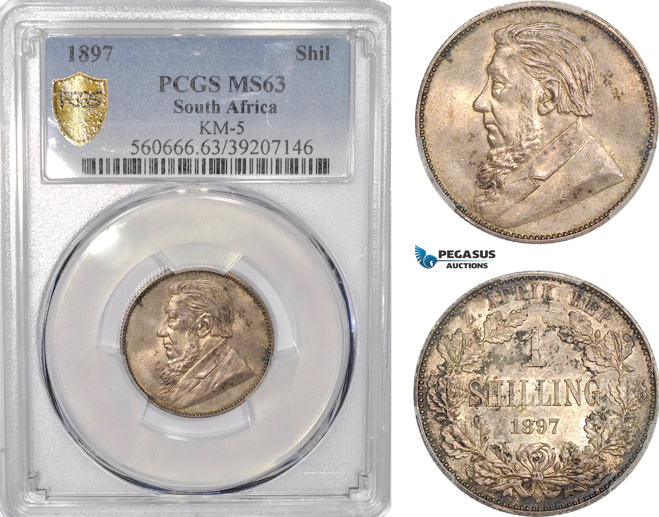 AF205, South Africa (ZAR) 1 Shilling 1897, Pretoria, Silver, PCGS MS63