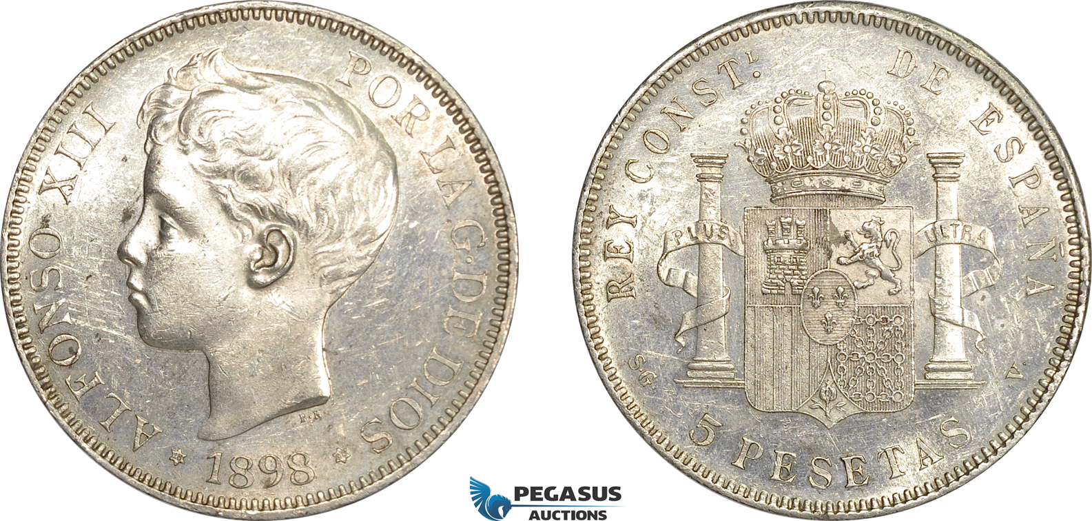 AF251, Spain, Alfonso XIII, 5 Pesetas 1898 (98) SG-V, Valencia, Silver, Cleaned UNC