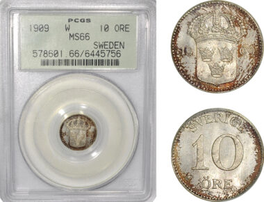 AF291, Sweden, Gustaf V, 10 Öre 1909, Stockholm, Silver, PCGS MS66
