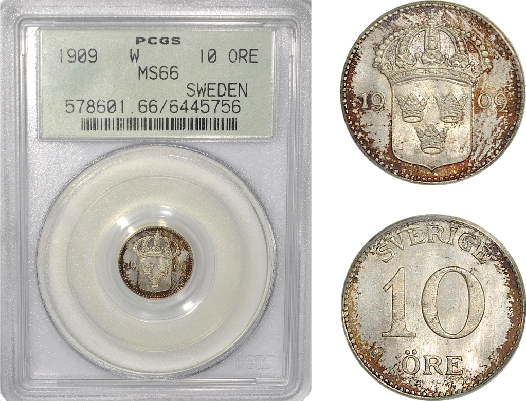 AF291, Sweden, Gustaf V, 10 Öre 1909, Stockholm, Silver, PCGS MS66