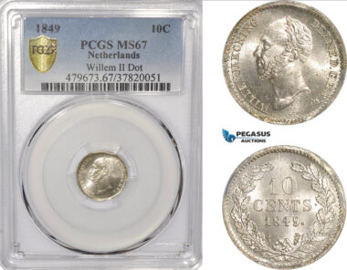 AF337, Netherlands, Willem II, 10 Cents 1849, Utrecht, Silver, Dot, PCGS MS67