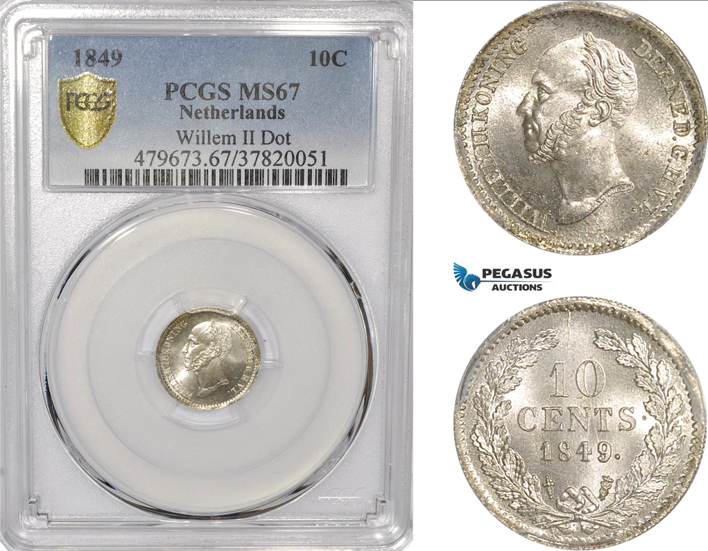 AF337, Netherlands, Willem II, 10 Cents 1849, Utrecht, Silver, Dot, PCGS MS67