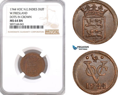 AF339, Netherlands East Indies, VOC, Duit 1744 (West Friesland Arms) Dots in Crown, NGC MS64BN, Pop 1/0
