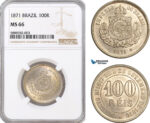 AF367, Brazil, Pedro II, 100 Reis 1871, NGC MS66, Top Pop!