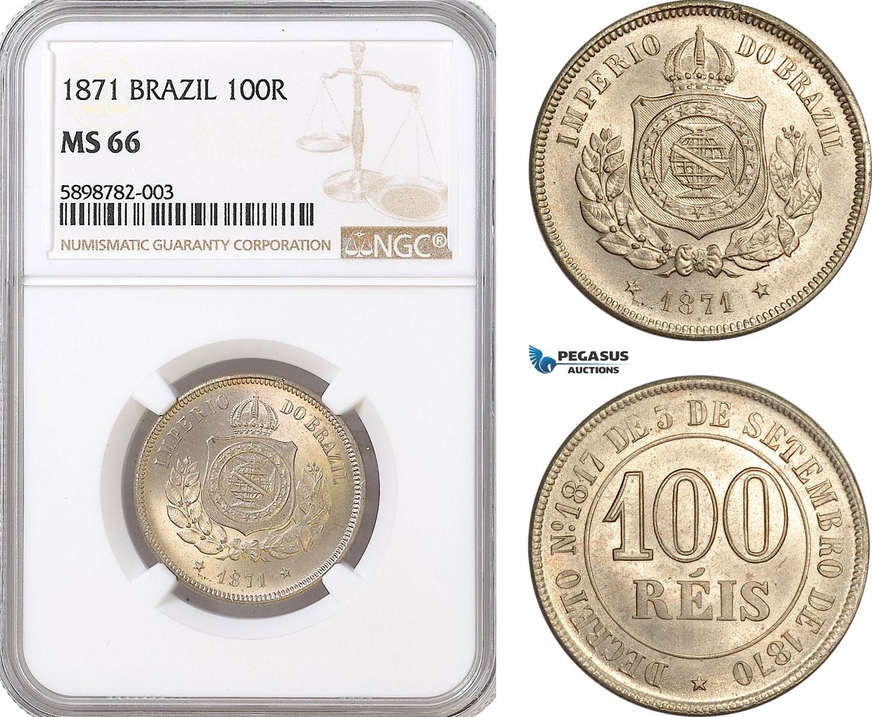 AF367, Brazil, Pedro II, 100 Reis 1871, NGC MS66, Top Pop!