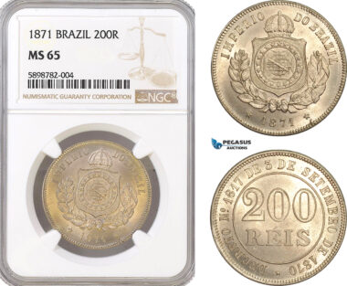 AF368, Brazil, Pedro II, 200 Reis 1871, NGC MS65
