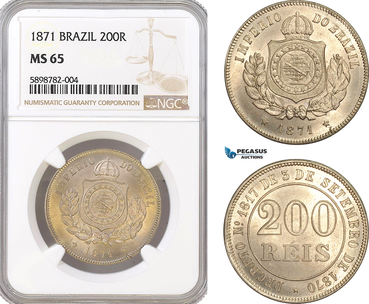 AF368, Brazil, Pedro II, 200 Reis 1871, NGC MS65